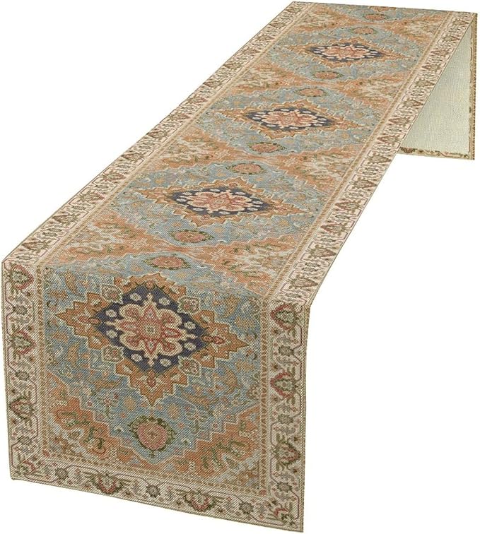 Vintage Boho Floral Table Runner, Rustic Country Farmhouse Grey Blue Orange Bohemia Flower Pattern for Home Kitchen Table Decor Dining Coffee Room Party Decor 13x120in