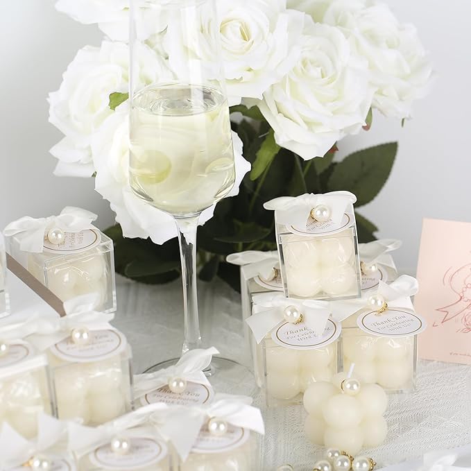 20 Pcs Small Bubble Candles Elegant Party Favors Bulk Set with Decorative Ribbons Thank You Cards for Bridal Shower Guest Gifts (20, White)