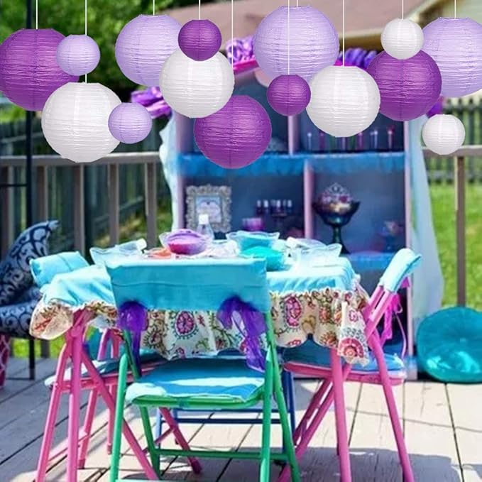 Paper Lanterns, 15 Piece Purple Lavender and White Rice Paper Set