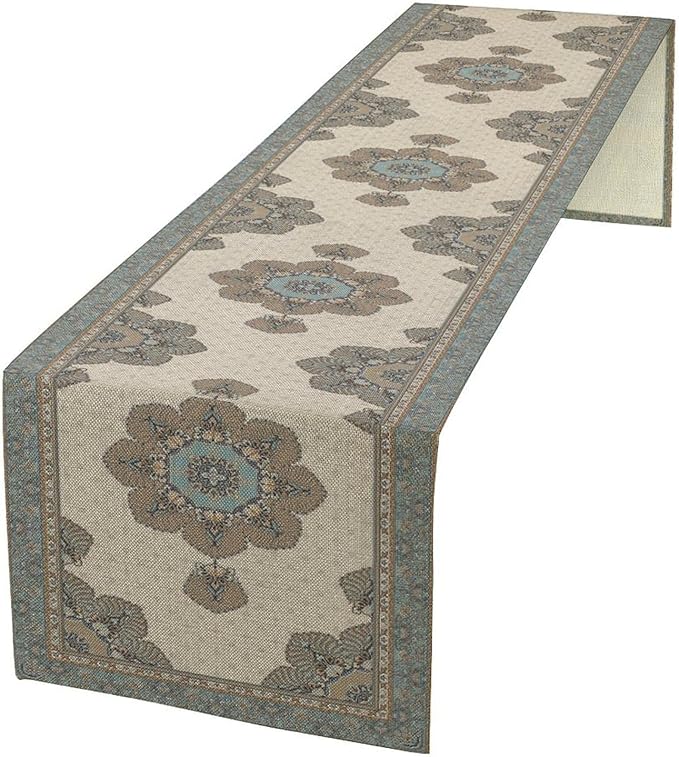 Boho Bohemia Style Table Runner, Vintage Teal Brown Retro Flower Rustic Country Style Floral Print Pattern for Home Kitchen Table Decor Dining Coffee Room Garden Party Decor 13x108in