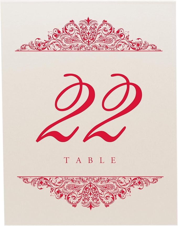 Table Number Cards with Red Paisley Design, Numbered 1-150