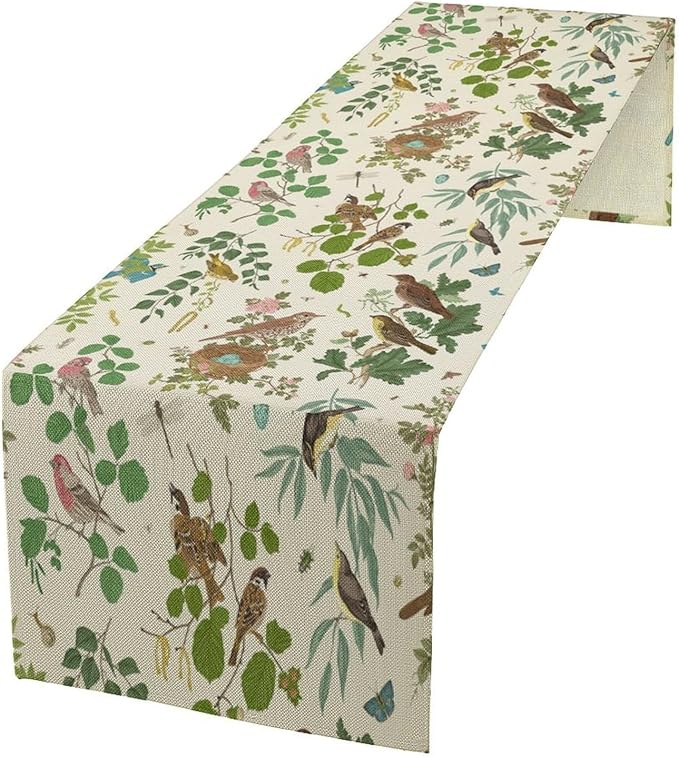 Vintage Bird Flower Table Runner Seasonal Spring Summer Garden Plants Farmhouse Country Kitchen Dining Table Decoration for Home Party Holiday 13"x36"