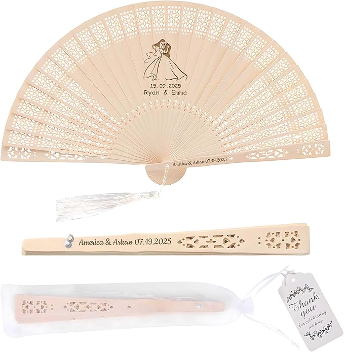 50 PCS Custom Fans Personalized Folding Fans for Line Dancing Wooden Hand Fan Wedding Favors Bulk Fans for Guests Party Event Use (Style08)