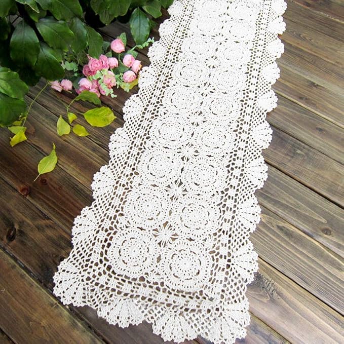 KEPSWET Cotton Handmade Crochet Lace Table Runner White Rectangle Coffee Table Dresser Decor (14x36 inch)
