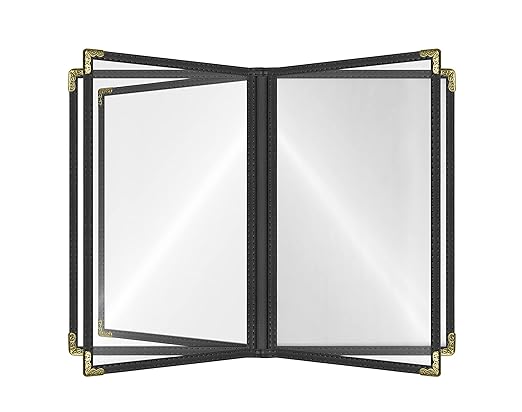 Goodsmart Restaurant Menu Covers – 25 Pack Black 10-View 8.5" x 14" Cafe Menu Holders, Side-Loading Vinyl Covers with Clear Sleeves, Plastic & Leather-Style Menu Covers with Gold Corners