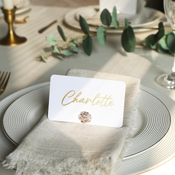 UNIQOOO 24Pcs Decorative Rose Floral Place Card Holders Bulk, Luxury Gold Metal Name Card Stands Set, for Wedding Table Setting, Business Card, Name Tag, Party Food Labels