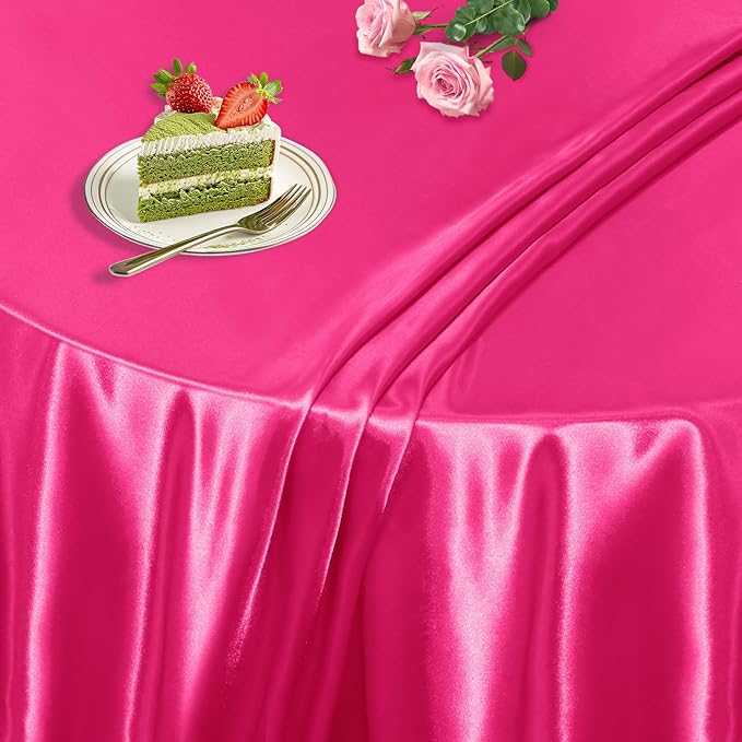KKJIAF 1 Pack 108 Inch Round Table Cloth, Hot Pink Overlay Round Satin Table Cover, Silky Satin Dining Tablecloths for Wedding Buffet Parties Banquet Decoration