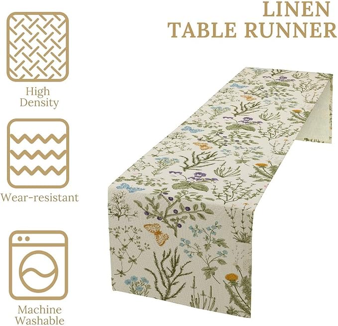 Floral Table Runner,Wildflower Spring Table Runner Seasonal Summer Butterfly Kitchen Dining Table Decoration for Home Party 13x120 Inch