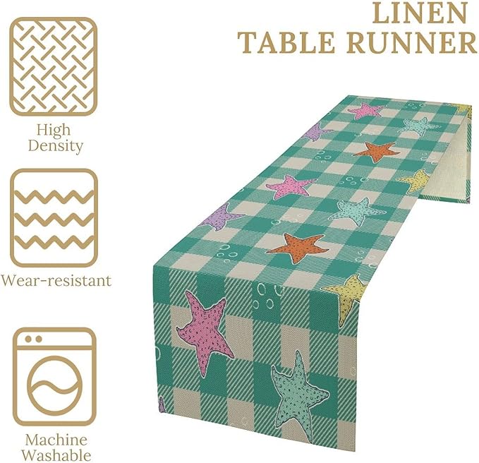 Starfish Plaid Table Flag Green Plaid and Marine Life Starfish Kitchen Table Flag Suitable for Birthday Party Restaurant Decoration Outdoor Picnic 13 * 60 Inch