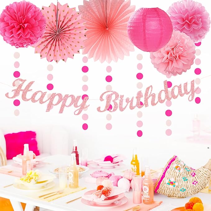 Tissue Pom Poms Pink Birthday Party Decorations Kit, 21 Pieces