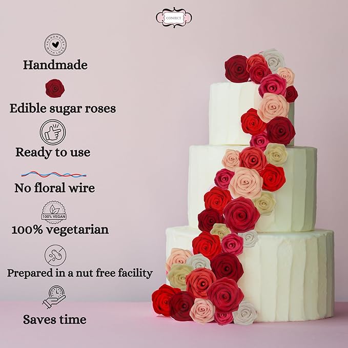 Edible Cake Toppers – 12 Sugar Roses, 1.5 Inch, Multiple Colors
