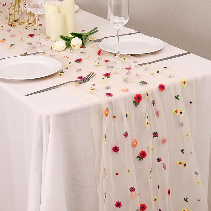 Champagne Floral Table Runner 10 FT, Embroidery Daisy Table Runners Seasonal Sheer Tulle Table Runner for Thanksgiving Wedding Birthday Baby Shower Party ﻿