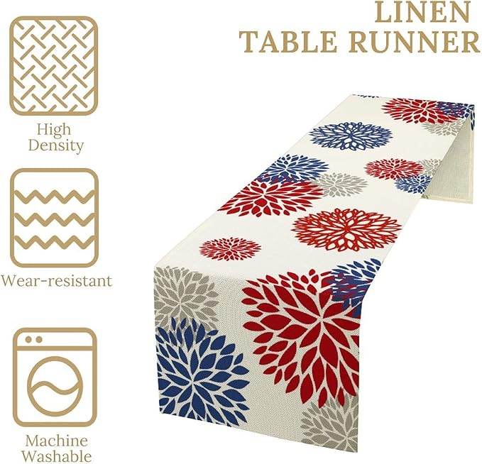 4th of July Table Runner, Blue Red Dahlia Flower American Patriotic Memorial Day Table Runner for Farmhouse Kitchen Dining Table Party Decor, 13x60inch