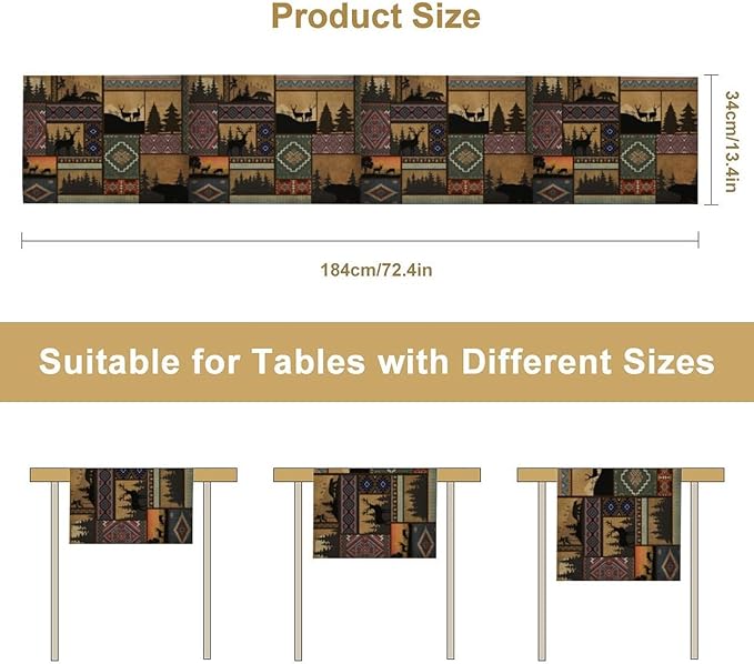 Rustic Cabin Bear Aztec Table Runner, Retro Brown Bear Rustic Theme Geometry Decoration for Home Dinner Party Living Room Bedroom Table Runner 13x120 Inch