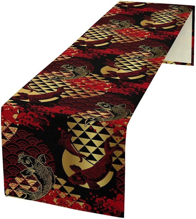 Japanese Table Runner Oriental Tradition Kio Fish Red Art Printed Burlap Runner Home Kitchen Dining Table Living Room Decor Fabric 1 Panel W13xL108in