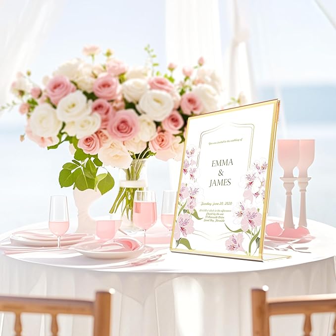 Acrylic Gold Frames 4 x 6, Slanted Back Gold Picture Frames Table Acrylic Sign Holder for Photos Wedding Table Numbers and Art Display with Removable Clear Sticky Dots,6 Pack