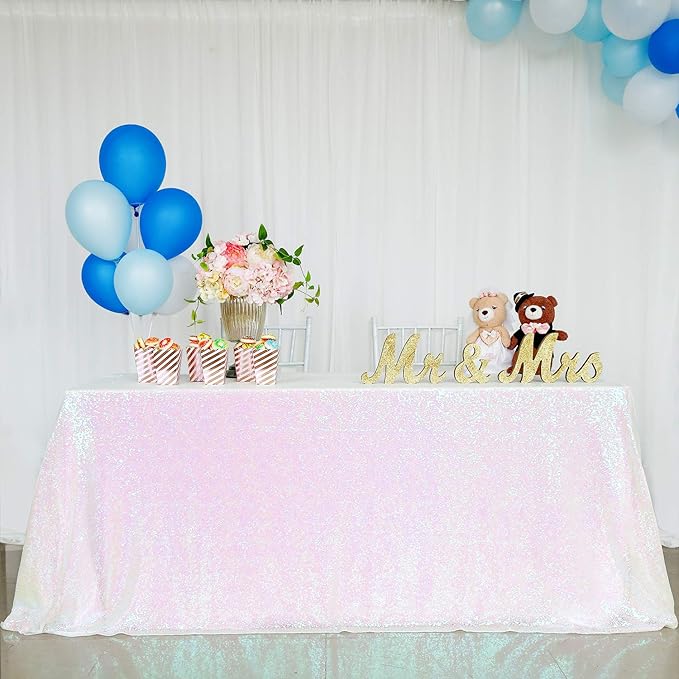 QueenDream Tablecloth 90x156 Rectangle Sequin Tablecloth White Iridescent Wedding Table Linens Glitter Birthday Bridal Party Indoor Outdoor Decorations