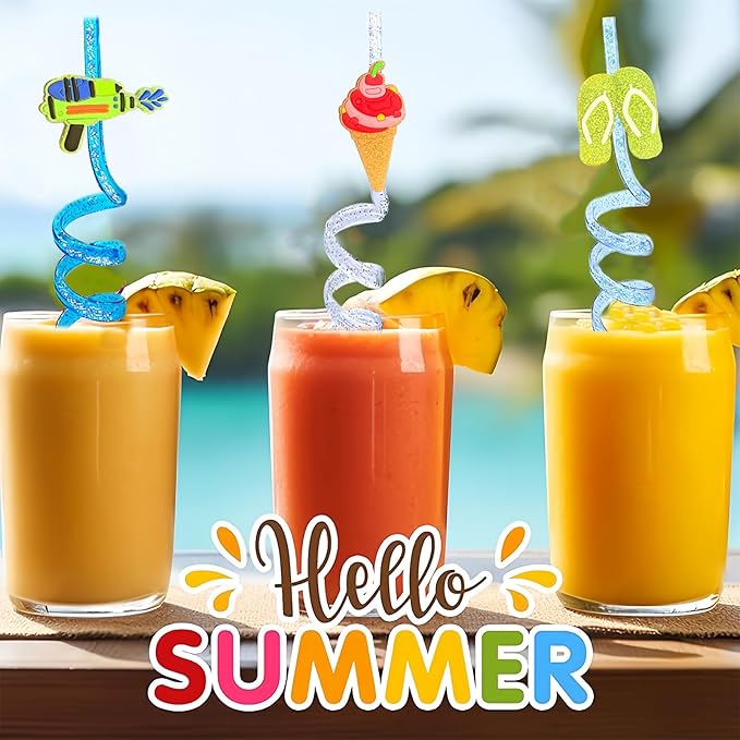 Straws, 24 Count Reusable Glitter Beach Design for Summer Parties