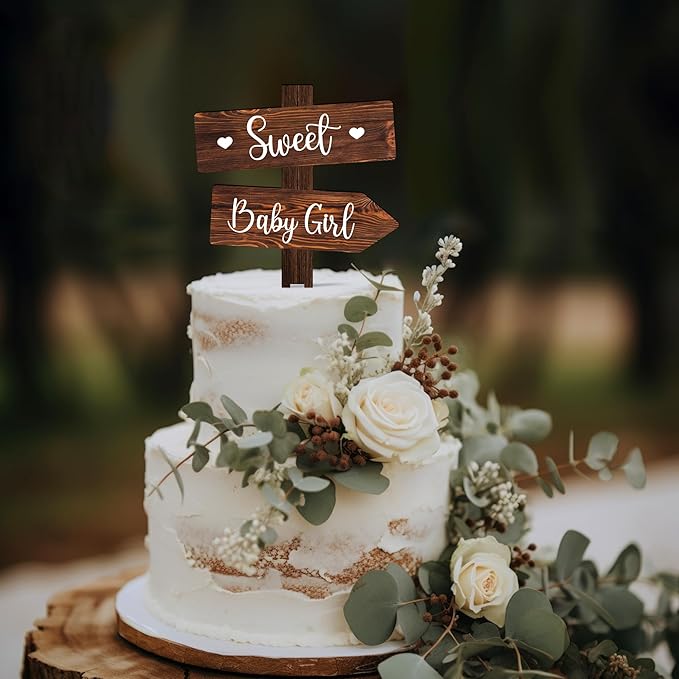 Cake Topper, Wood Baby Girl Design, 5.3 x 7.3 Inch Rustic Party Decor