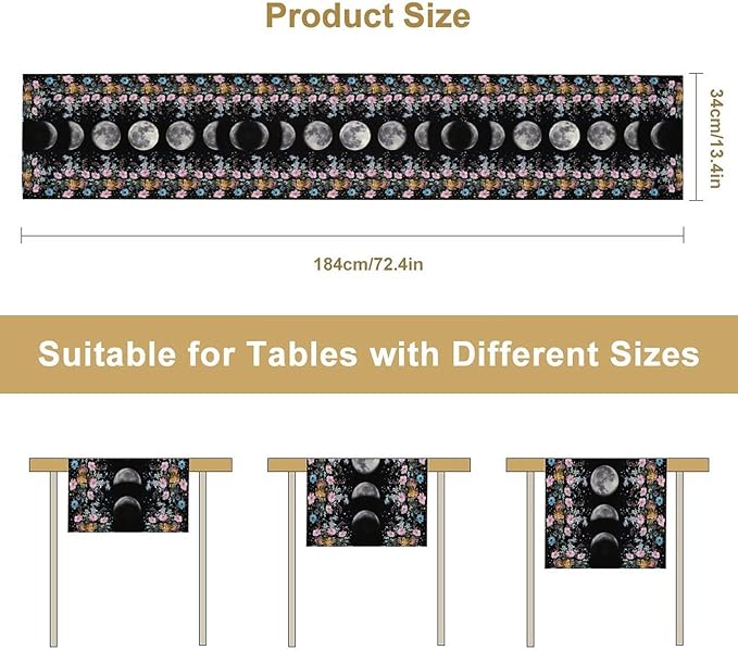 Boho Floral Moon Table Runner, Spring Flower Leaves Mystical Gothic Sun Moon Table Runner for Kitchen Dining Table Home Party,13x108 Inch Purple