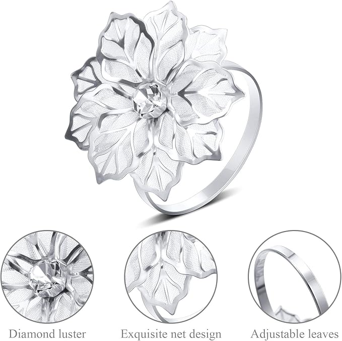 Hotop 12 Pcs Hollow Out Flower Napkin Rings Fall Napkin Ring Holder Metal Serviette Buckles Set for Dinner Thanksgiving Christmas Wedding Banquet Table Plates Decoration(Silver)