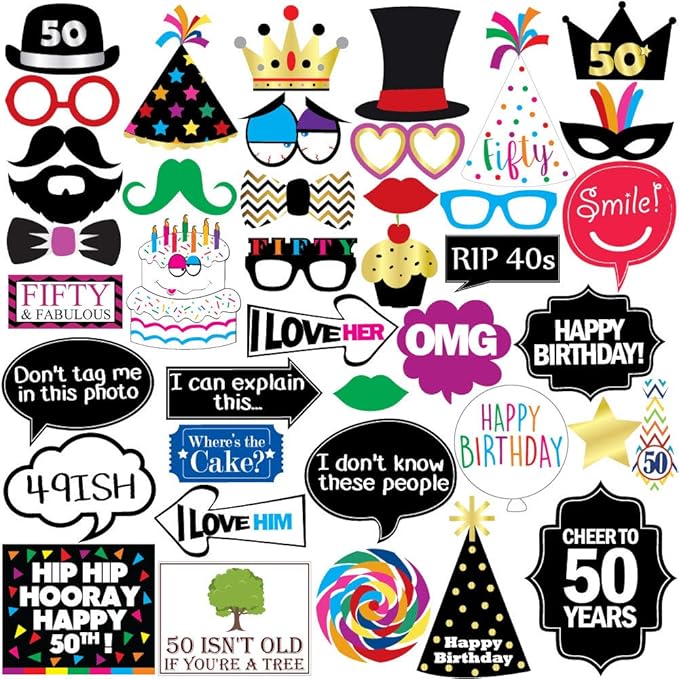 Photo Booth Props for 50th Birthday, 40 Pieces, Multicolor Funny Party Set