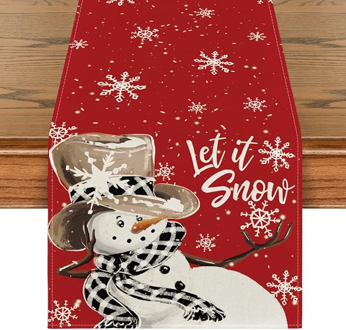 Artoid Mode Red Snowman Snowflake Let it Snow Winter Table Runner, Seasonal Christmas Kitchen Dining Table Decoration for Home Party Decor 13x72 Inch