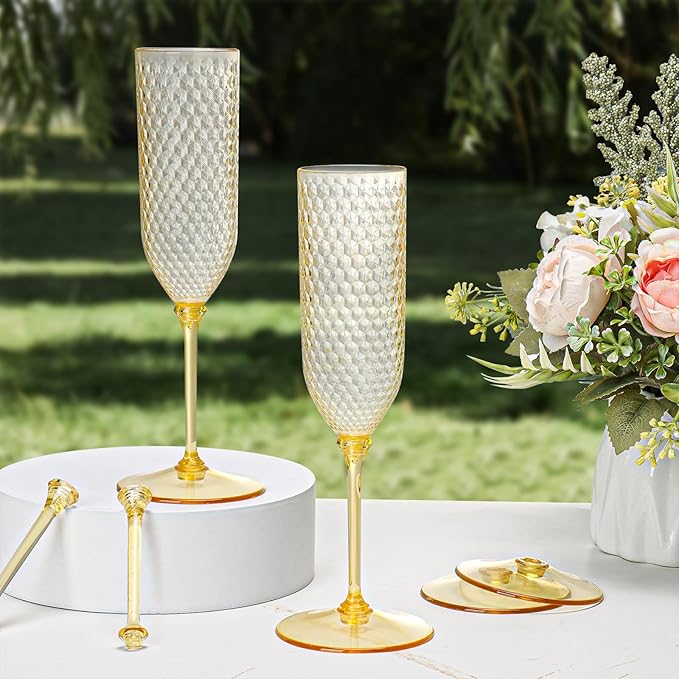 Champagne Glasses 24 Pack, Amber Detachable 2-Piece Plastic Flutes 5.5 oz