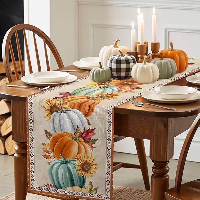 Fall Thanksgiving Southwest Cotton Linen Table Runner for Dining Kitchen, Orange Pumpkins Wedding Outdoor Party Rustic Tablerunners Decoration, Sunflower Dresser Scarf Tablecloth Runners 13x108 Inches