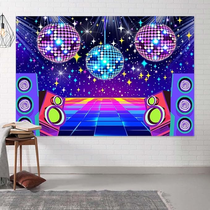 Dance Party Backdrop Retro 80s 90s Theme Stage Dance Ball Music Birthday Party Decoration DJ Photography Background 8 x 6 ft for Baby Shower Picture Photo Shoot Polyester Fabric,Multi2