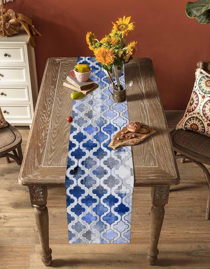 Blue Morocco Plaid Cotton Linen Table Runner for Dining Kitchen, Wedding Outdoor Party Tablerunners Decoration, Distressed Abstract Painted Vintage Dresser Scarf Coffee Tablecloth Runners 13x48 Inches