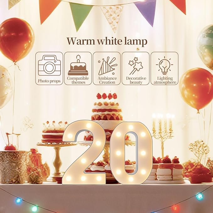 LED Marquee Light Up Numbers Sign - Lighted Birthday Numbers Sign for 20th Birthday Party Decoration, Bar Wall, Home, Table Room, Wedding and Christmas Decorations, Number 20