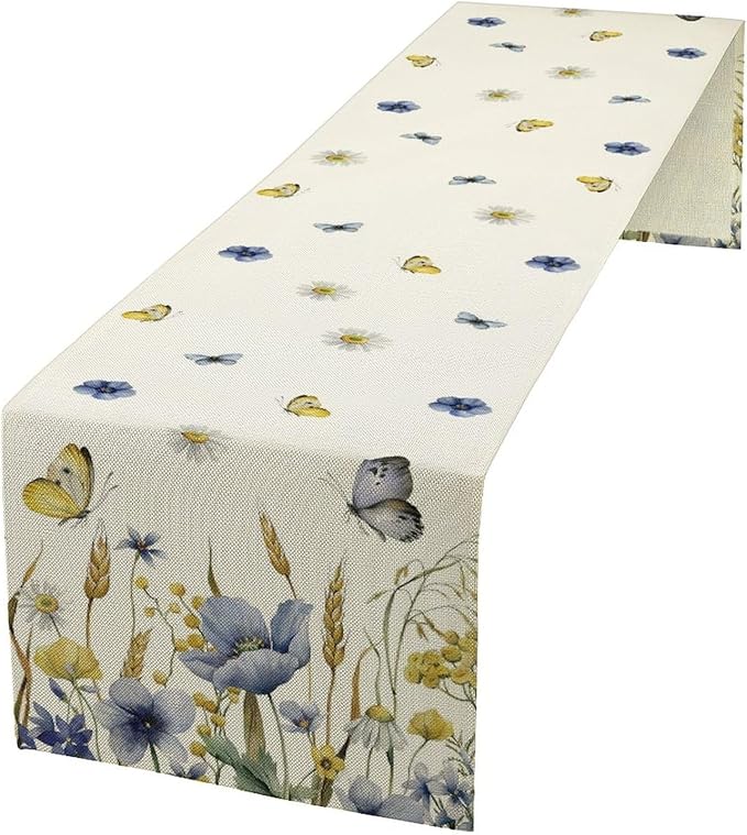 Floral Table Runner, Spring Watercolor Flower Plants Nature Butterfly Table Runner for Kitchen Dinner Living Room Home Party, 13x108 Inch