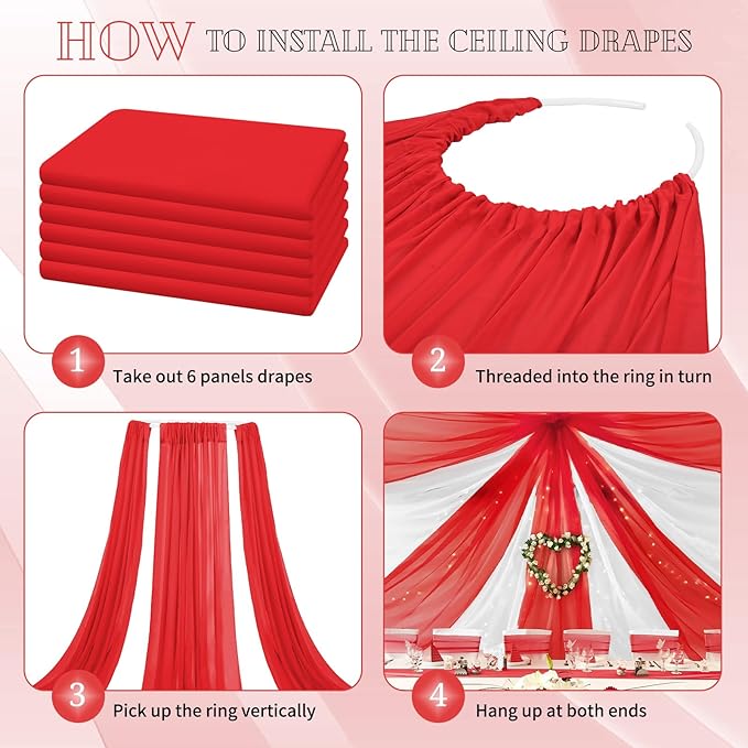 6 Panels Red Ceiling Drapes for Wedding 5ftx30ft Chiffon Fabric Arch Draping Curtains Sheer Drapery for Party Ceremony Birthday Baby Shower Reception Stage Swag Ceiling Decorations