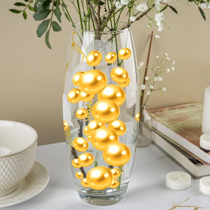 Vase Fillers: 100 No-Hole Golden Faux Pearl Beads in 3 Sizes