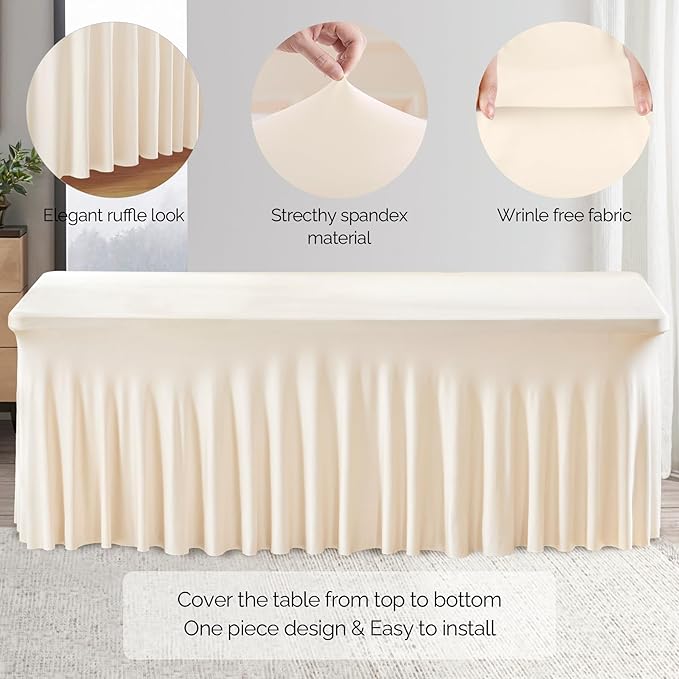 Wish Care 6 Pack Ivory Spandex Table Clothes for 8 Foot Rectangle Tables, 8FT Wrinkle Free Fitted Tablecloths Ruffles Design Table Cover for Party, Banquet, Wedding and Events