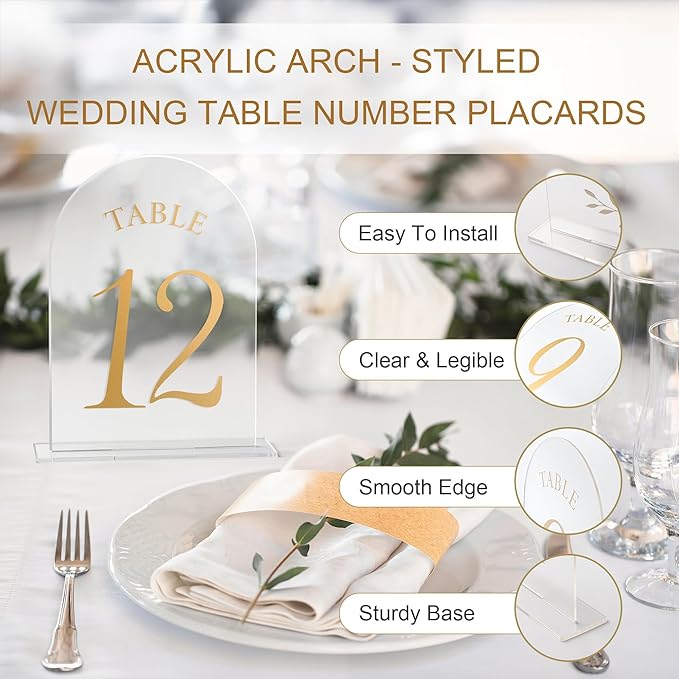 Wedding Table Numbers 1-20 Clear Acrylic Seating Number Signs for Weddings Reception Anniversary Party Decor Seat Number for Tables with Elegant Gold Lettering