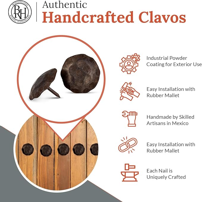 10 Pack 1.5" Round Head Iron Clavos Decorative Nails – Unfinished – Handmade Rustic Round Fasteners for Farmhouse Shutters, Faux Wood Beams, Barn Doors, Shutters, Gates – Ornamental Wood Accent