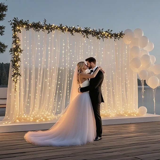 Ledido 10×8ft Tulle Backdrop Curtains with Lights String - 300LED Fairy Lights Sheer Curtain Backdrop for Weddings Baby Shower and Birthday Party Decorations(6 Panels 5×8ft)