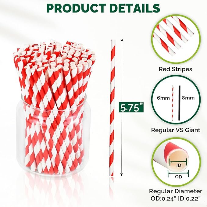 Paper Cocktail Straws, Red and White Striped, 5.75 Inch, 500 Count