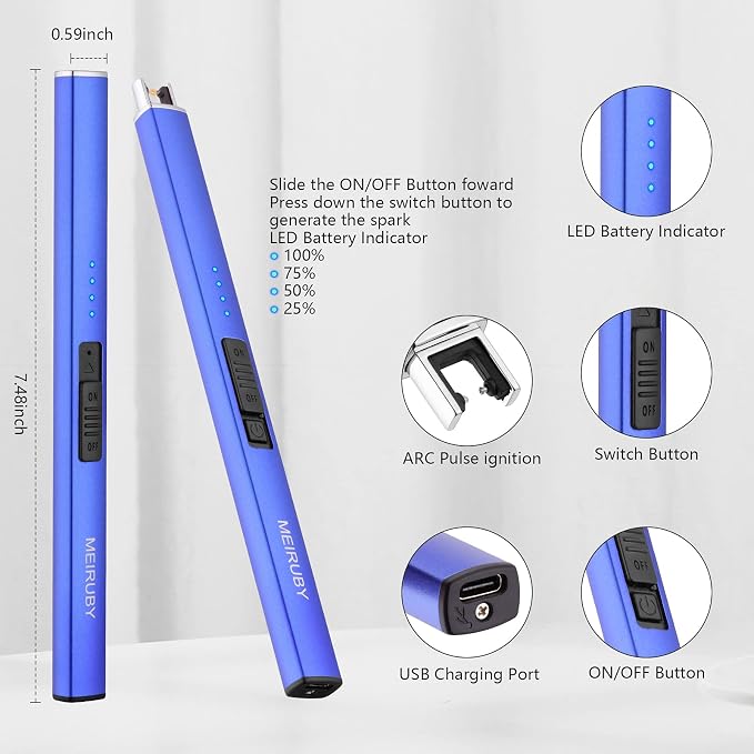 Electric Arc Lighter for Candles, Rechargeable, Windproof, Blue