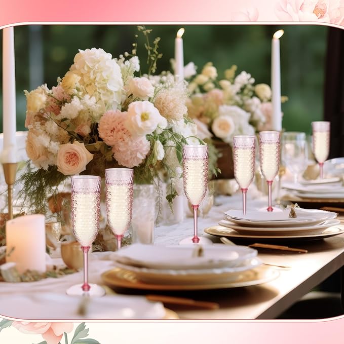 Champagne Glasses 48 Pack, 5.5 oz Pink Plastic Flutes with Detachable Stems