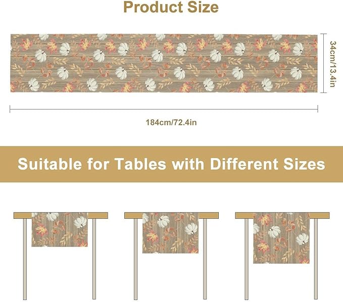 Autumn Table Runner,Pumpkins Maple Leaves Wood Fall r Seasonal Table Runner Kitchen Dining Table Decoration for Home Party Decor 13x60 Inch