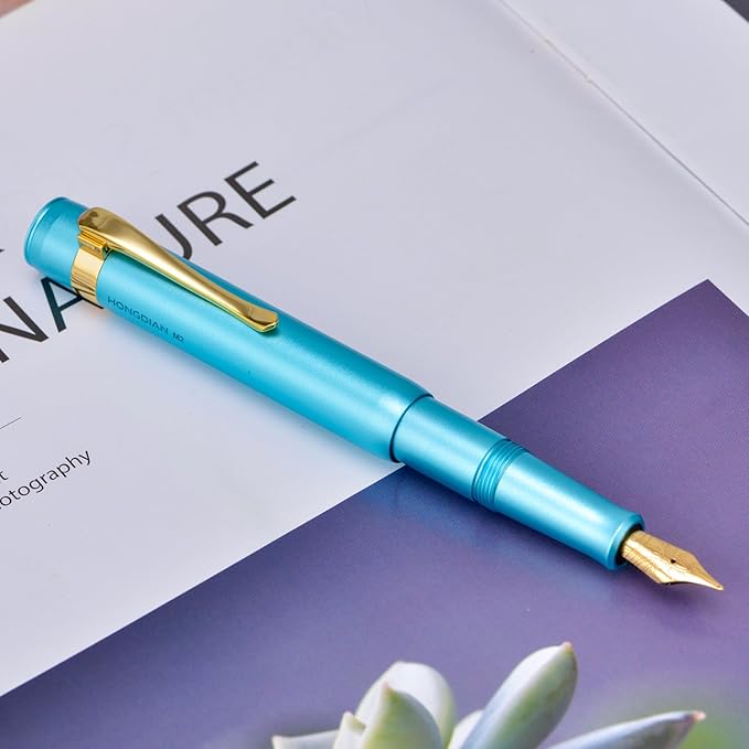 HONG DIAN M2 Black Forest Mini Fountain Pen, Extra Fine Soft Nib & Sleek Shape Aluminium Short Pocket Travel Pen (Lake Blue)