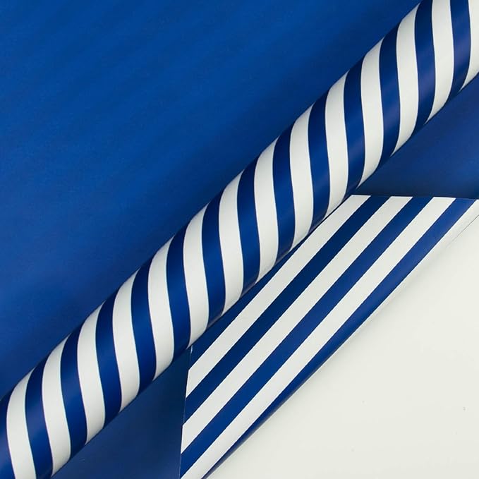 WRAPAHOLIC Reversible Wrapping Paper - Mini Roll - 17 Inch x 33 Feet - Navy and Stripes Design for Birthday, Holiday, Wedding, Baby Shower