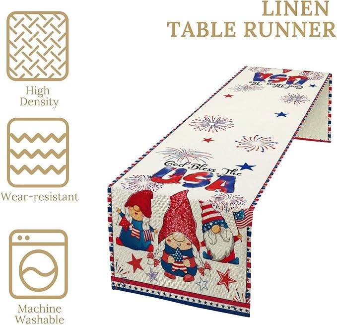 Cute Patriotic Gnomes Table Runner, American Independence Day 4th of July Gnome Blue Red Fireworks Confetti Print Table Runner for Home Kitchen Dining Table Party Decor, 13x60inch