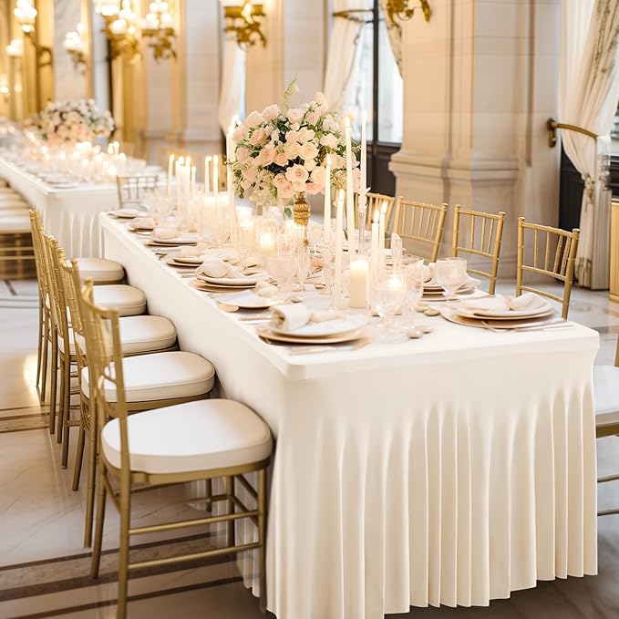 Wish Care 2 Pack Ivory Spandex Table Clothes for 4 Foot Rectangle Tables, 4FT Wrinkle Free Fitted Tablecloths Ruffles Design Table Cover for Party, Banquet, Wedding and Events
