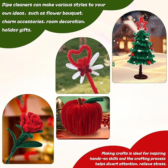 400 Pcs Red Pipe Cleaners for Crafts, 4 Colors Soft Chenille Stems Bulk with Floral Wires, Gardening Tape,Hot Glue Stick，Greeting Card,Bouquet Paper, Pearl & Ribbon, Flowers Craft kit for Christmas