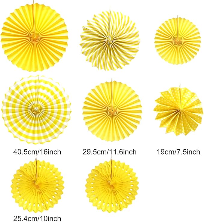 Hanging Paper Fan Set, Tissue Paper Pom Poms Flower Fan and Honeycomb Balls for Birthday Baby Shower Wedding Festival Decorations - Yellow