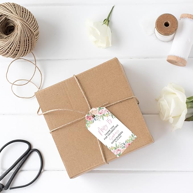 Andaz Press 40-Pack Personalized Quinceañera Favor Tags with String, Pink & Cream Roses Custom Classic Thank You Gift Tags for Mis Quince Años XV 15th Birthday Favor Gifts Quince Decorations